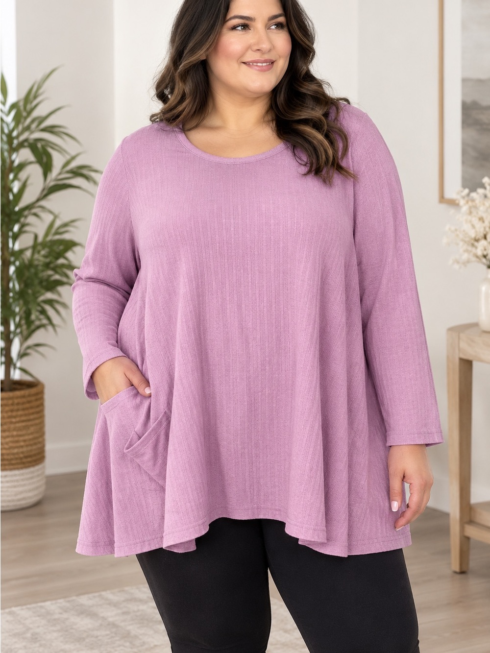 Plus-Size Lavender Long Sleeve Swing Tunic with Pocket